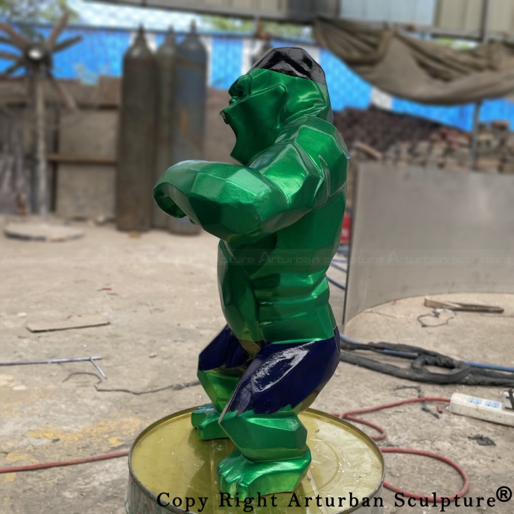 side view of a green polygonal Hulk King Kong statue