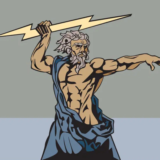 zeus preparing to throw a thunderbolt with a powerful stance
