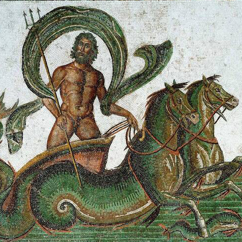 Poseidon holding a trident and riding a chariot pulled by sea horses