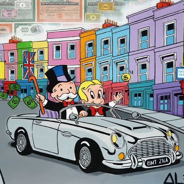 Mr. Monopoly and Richie Rich driving a white convertible on Portobello Road in Alec Monopoly's artwork.