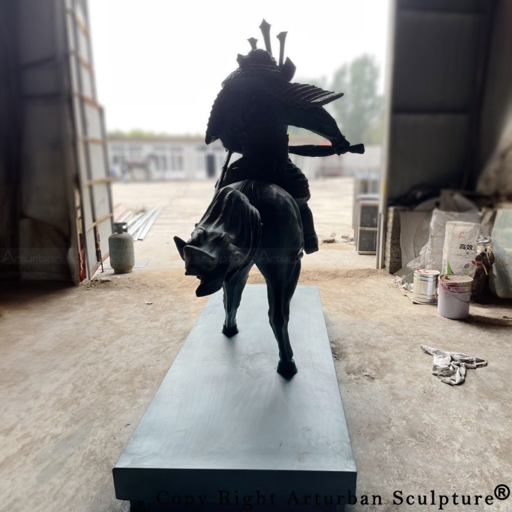 back view of Japanese Samurai Statue showing the warrior on horseback