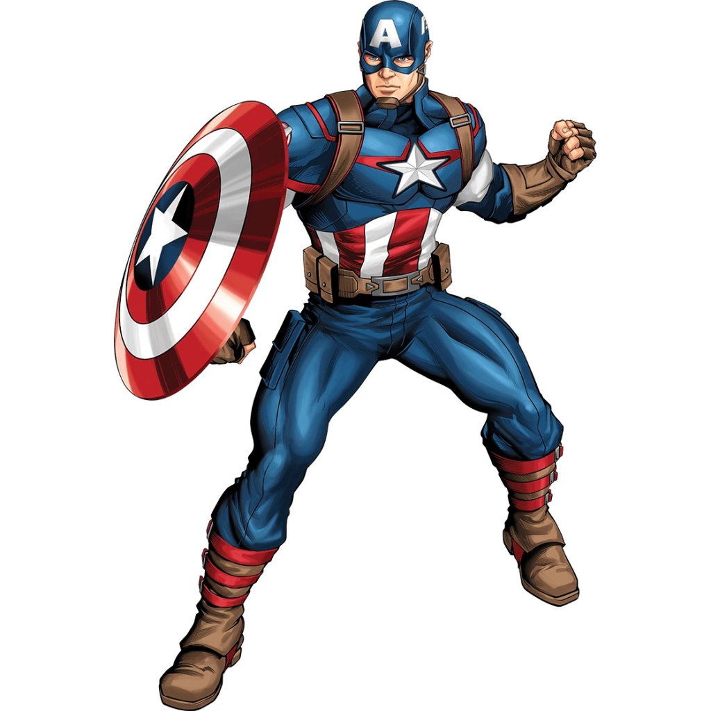 comic-style illustration of Captain America in his iconic suit, holding his shield