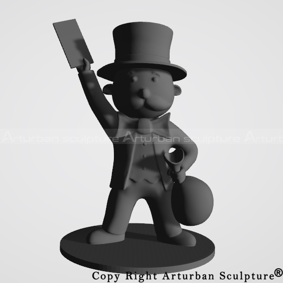 3D design of mr. monopoly statue raised a dollar bill and holding a bag rack