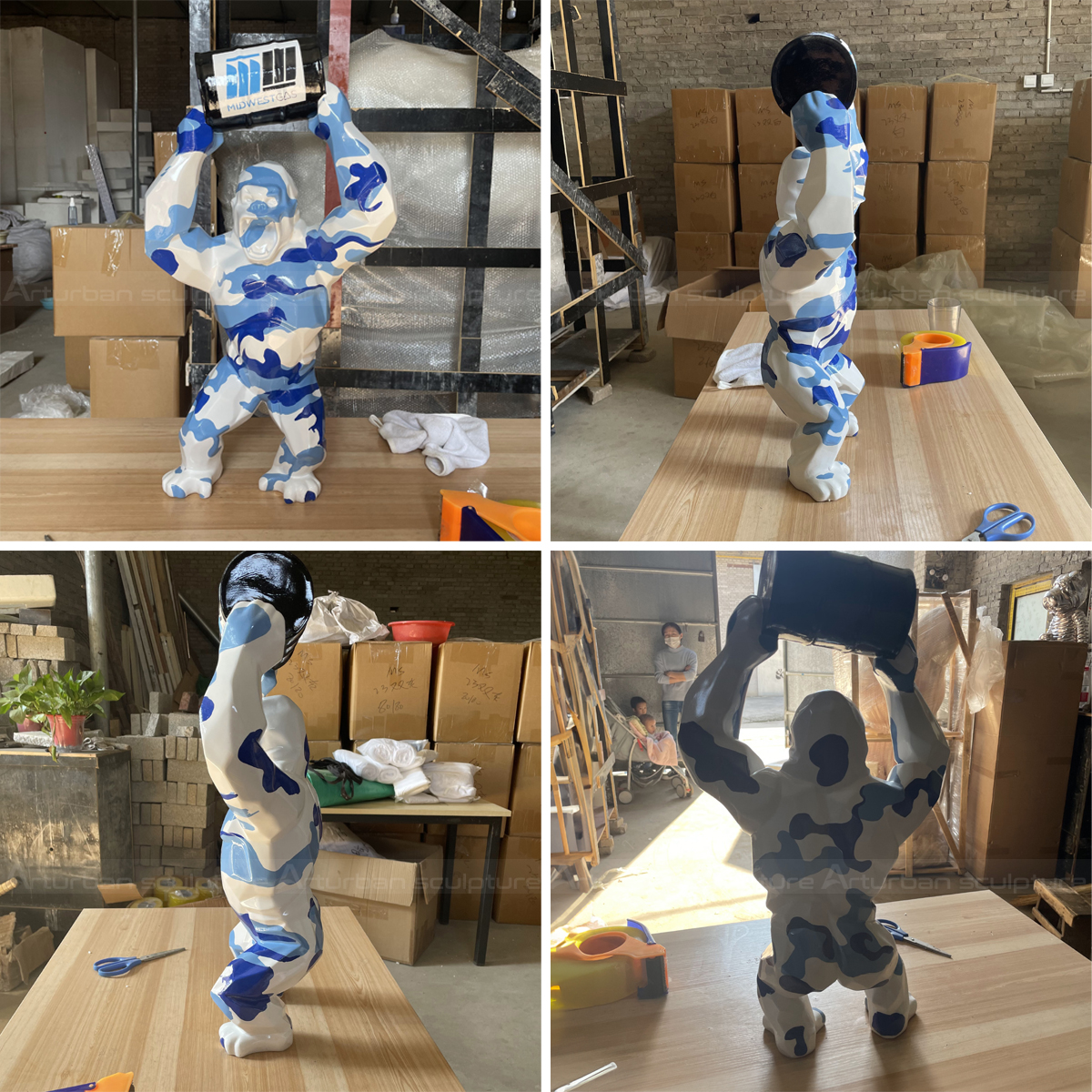 A collage showing four angles of blue and white Painted Gorilla Statue