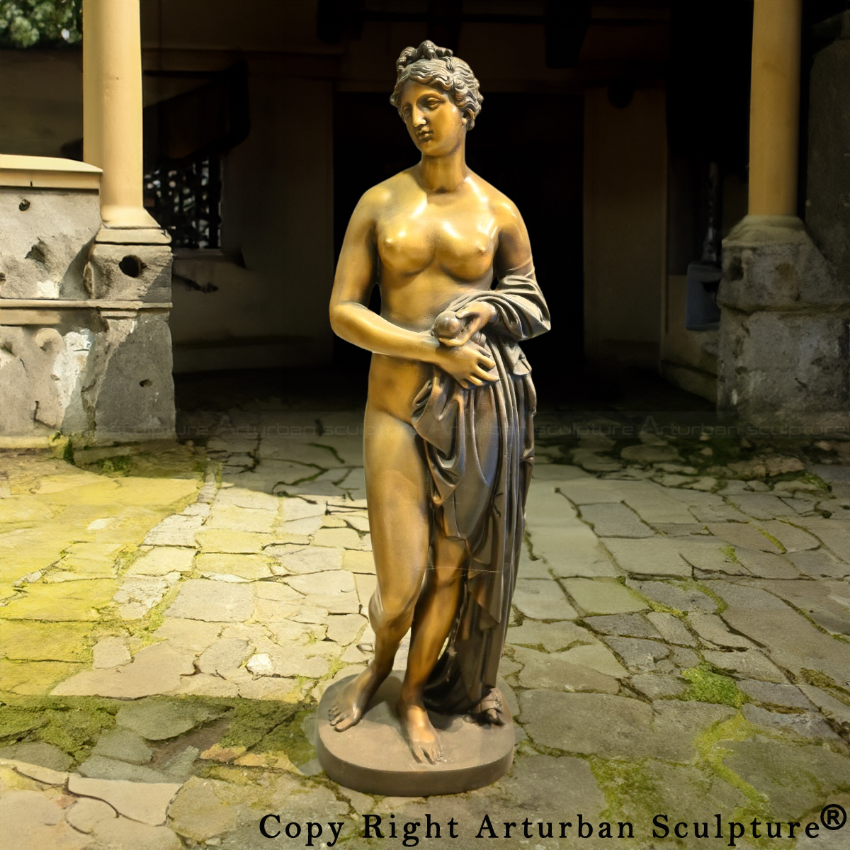 Ancient bronze Statue of Venus standing and holding an apple