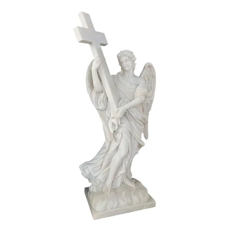 Angel With Cross white marble Statue standing on a cloud-like base