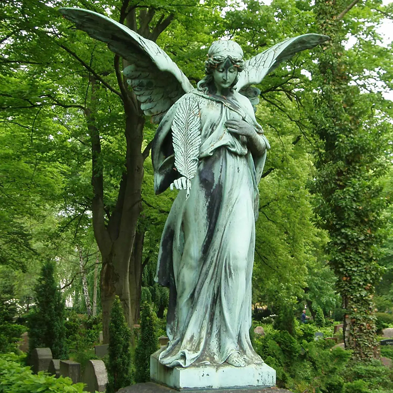 Angel holding palm leaf Statue with green patina for Funeral