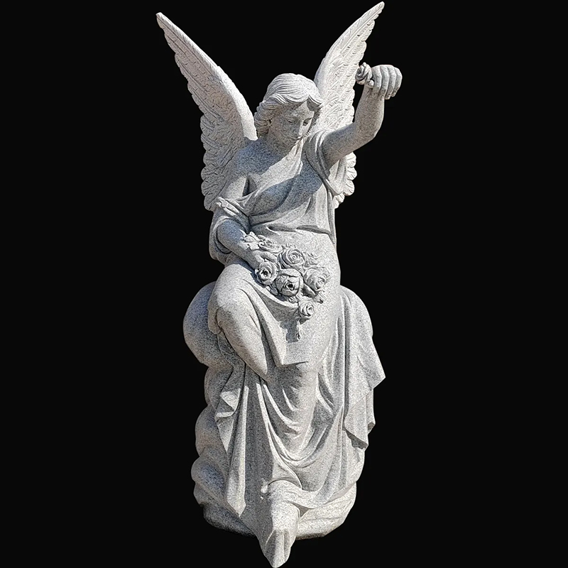 Angel sitting on a base Sculpture for Garden scattering flowers
