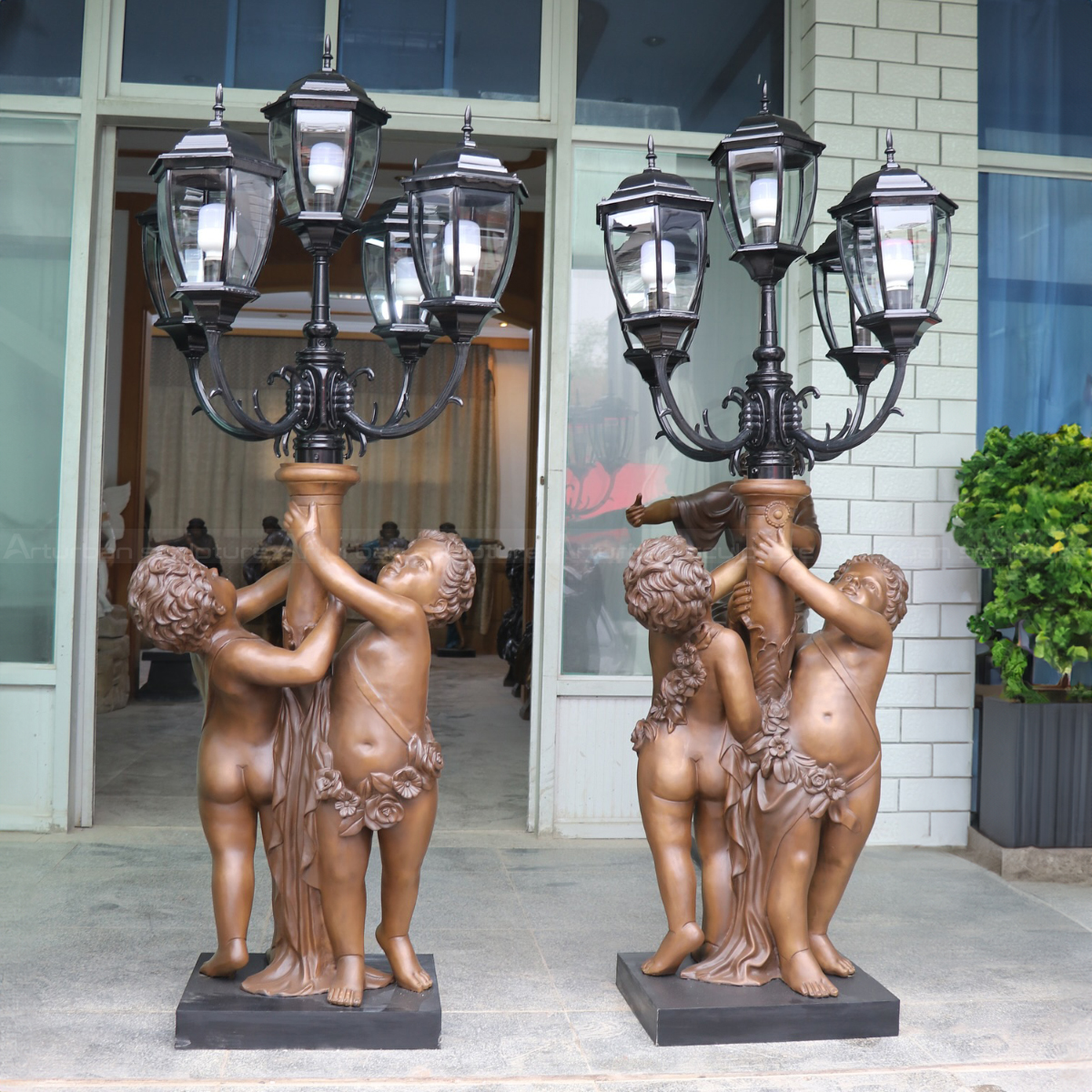Antique Cherub Floor Lamp statue with multiple lantern-style lights