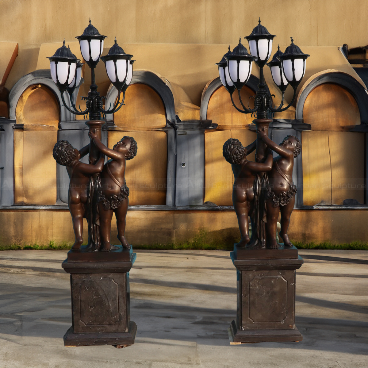 Antique Cherub bronze statue standing on square pedestals Floor Lamp