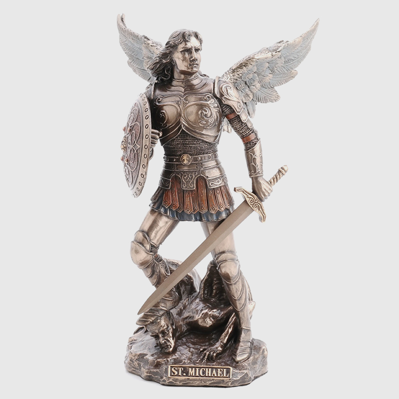 Archangel Michael Bronze Statue depicted as a warrior angel standing with a sword raised and a shield in hand and stepping on satan