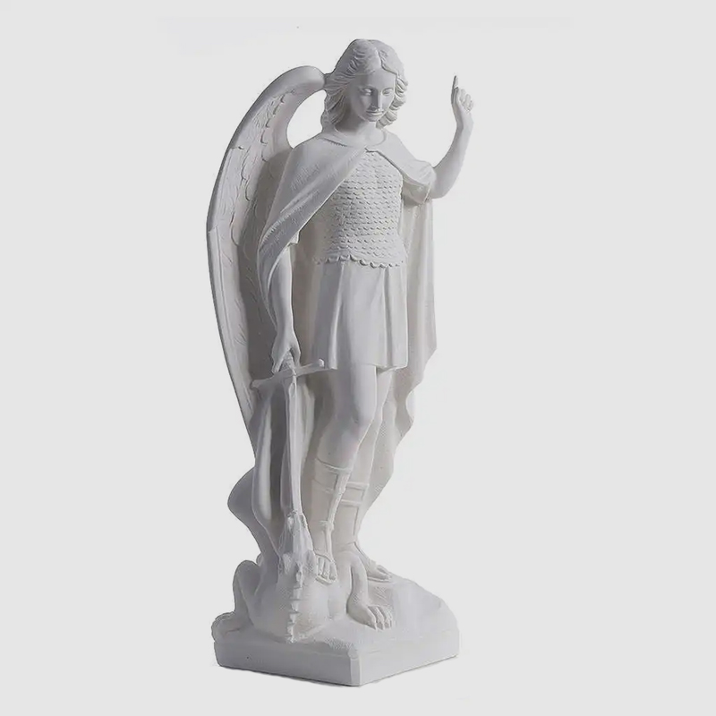 Archangle St Michael Outdoor white marble Statue with sword stepping on a dragon and pointing to sky
