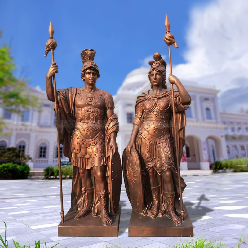 Ares and Athena Statues in classical armor, holding spears and shields
