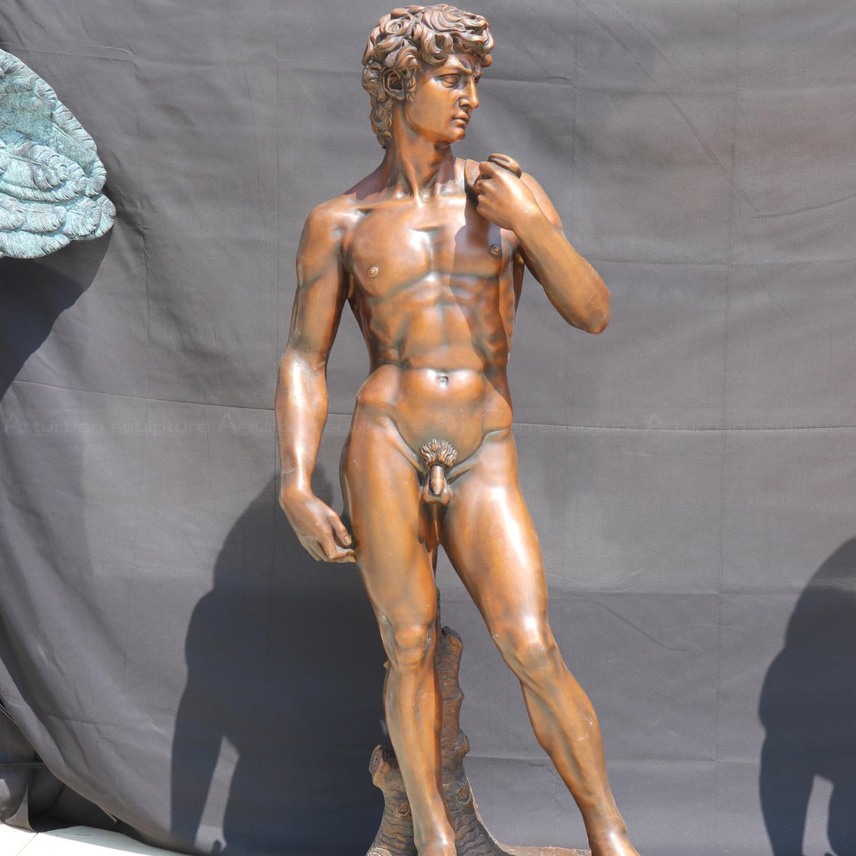 Bronze David Michelangelo statue showing david standing and looking leftward