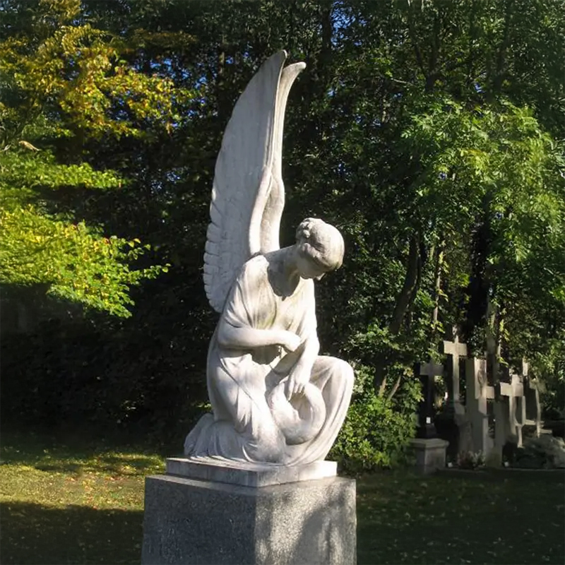Cemetery Marble kneeling Angel holding wreath Statues