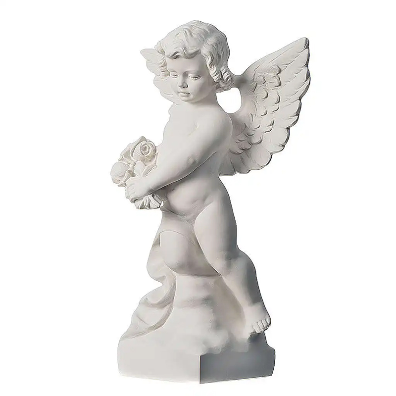 Cherub Angel with a bouquet of roses white marble Statues for Garden or graveside