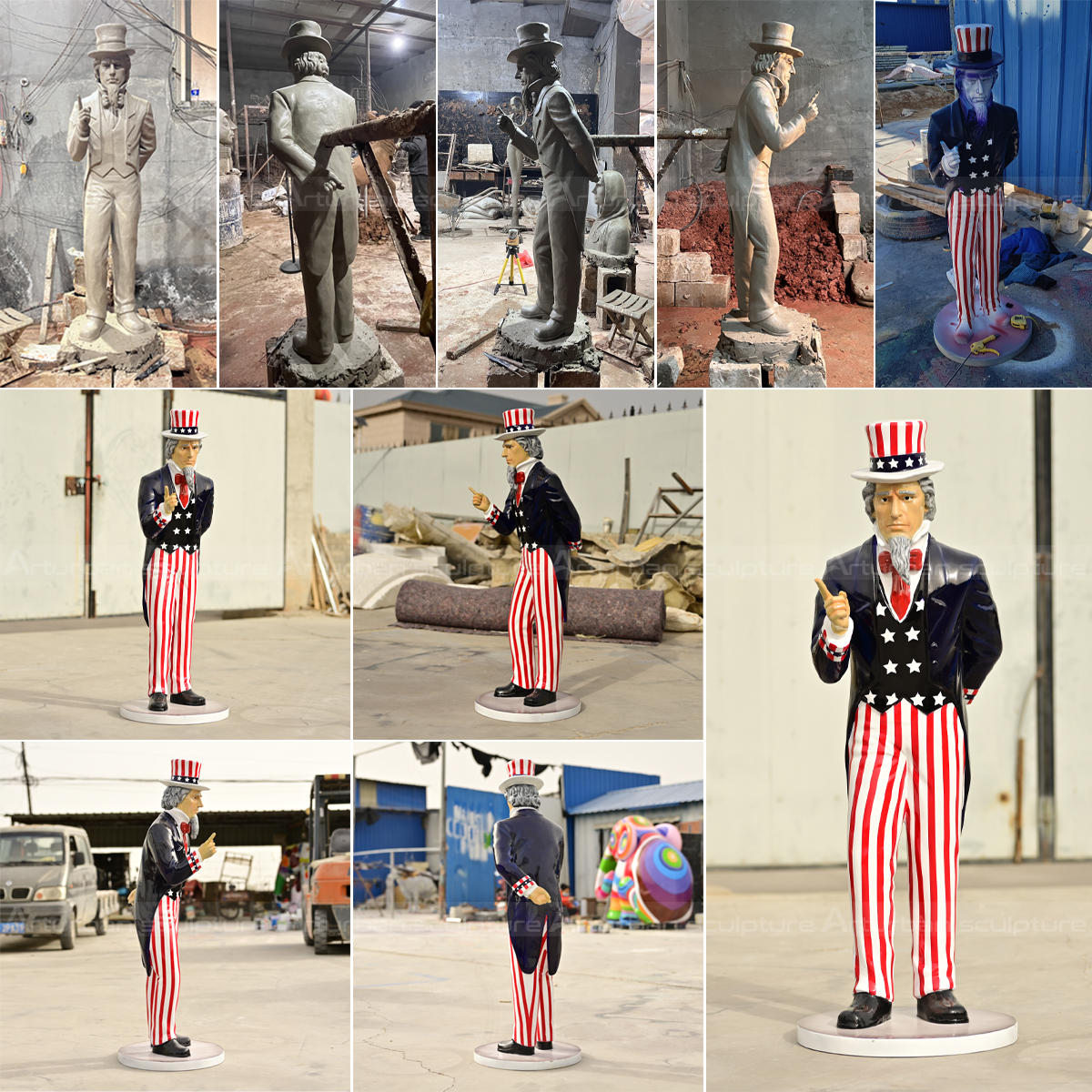 Collage of Life Size Uncle Sam Statue showing production process and different angles