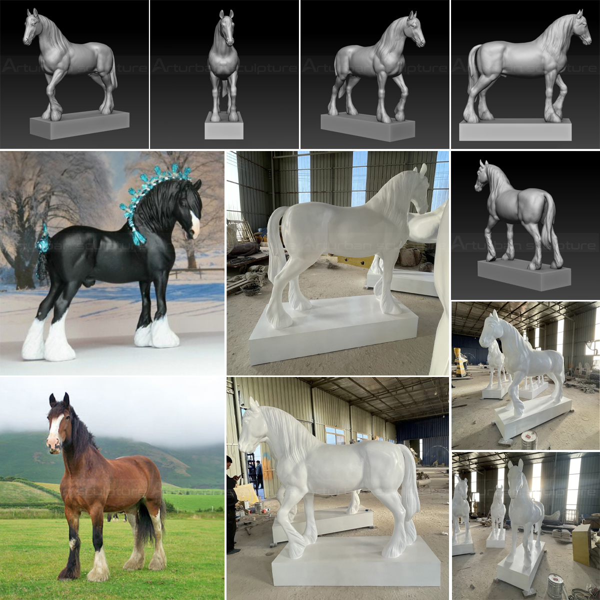 Collage showing the design, 3D modeling, workshop production, and real-life references of a white fiberglass Shire horse sculpture