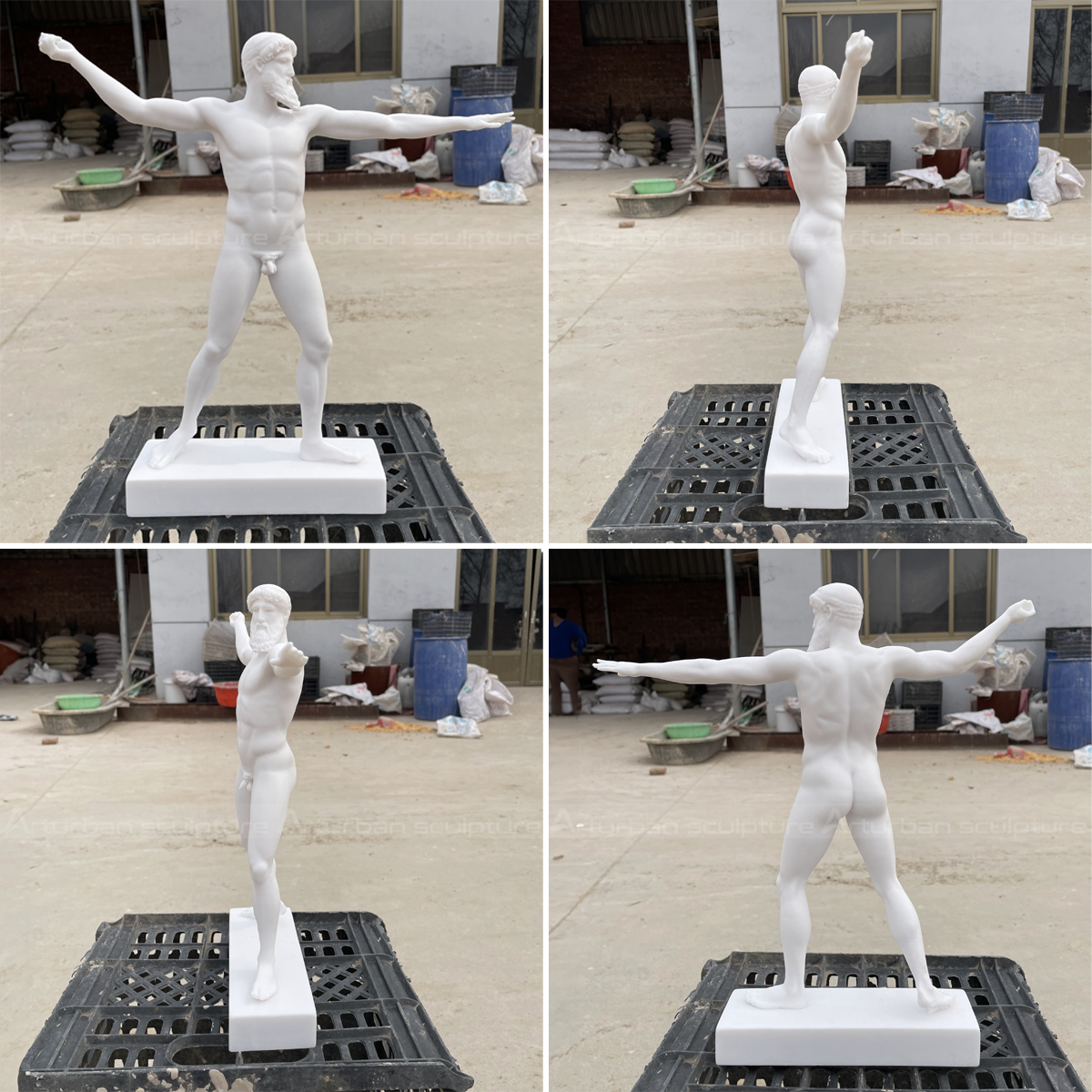 Four-angle composite view of Zeus or Poseidon statue made of marble