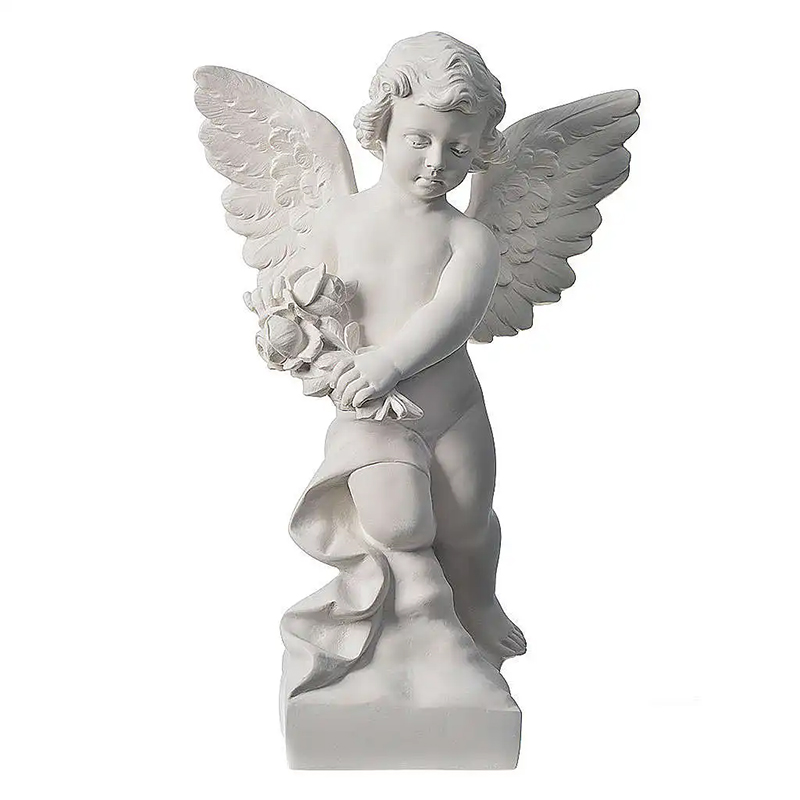 Front view of Cherub Angel Statues Garden holding a bouquet of roses
