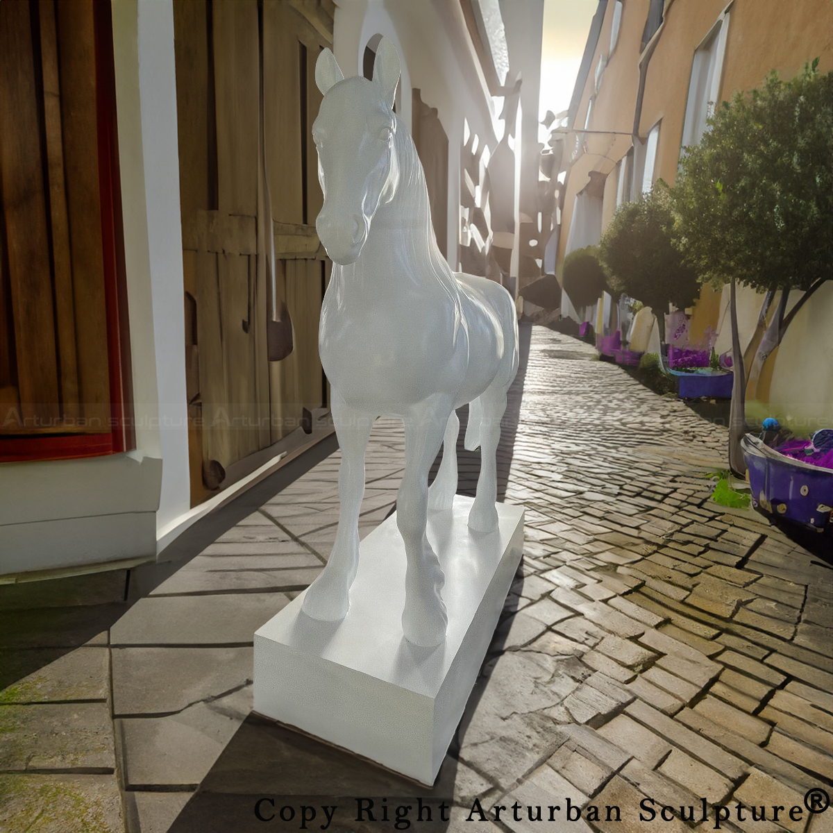 Front view of white Draft Horse fiberglass Sculpture