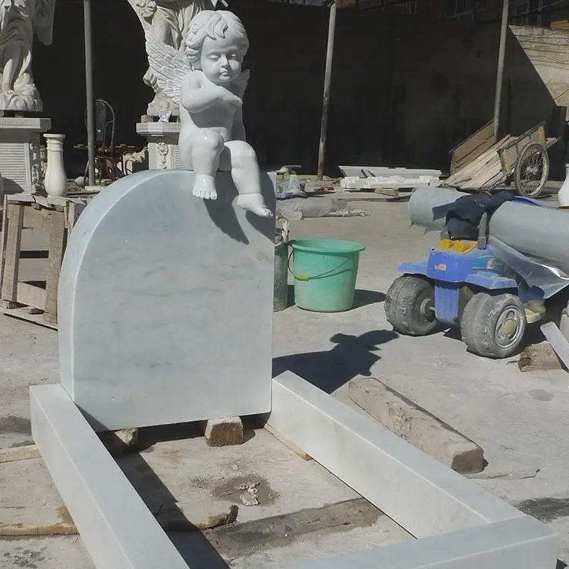 Full view of Cherub sitting with barefoot on Gravestone marble statue