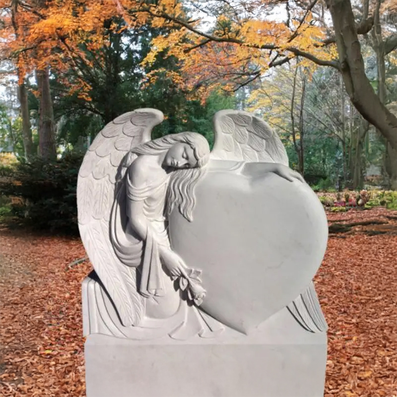 Heart Headstone with Angel white marble statue