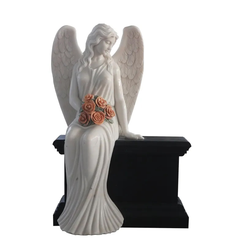 Marble Angel sitting on Headstone statue holding a bouquet of peach roses