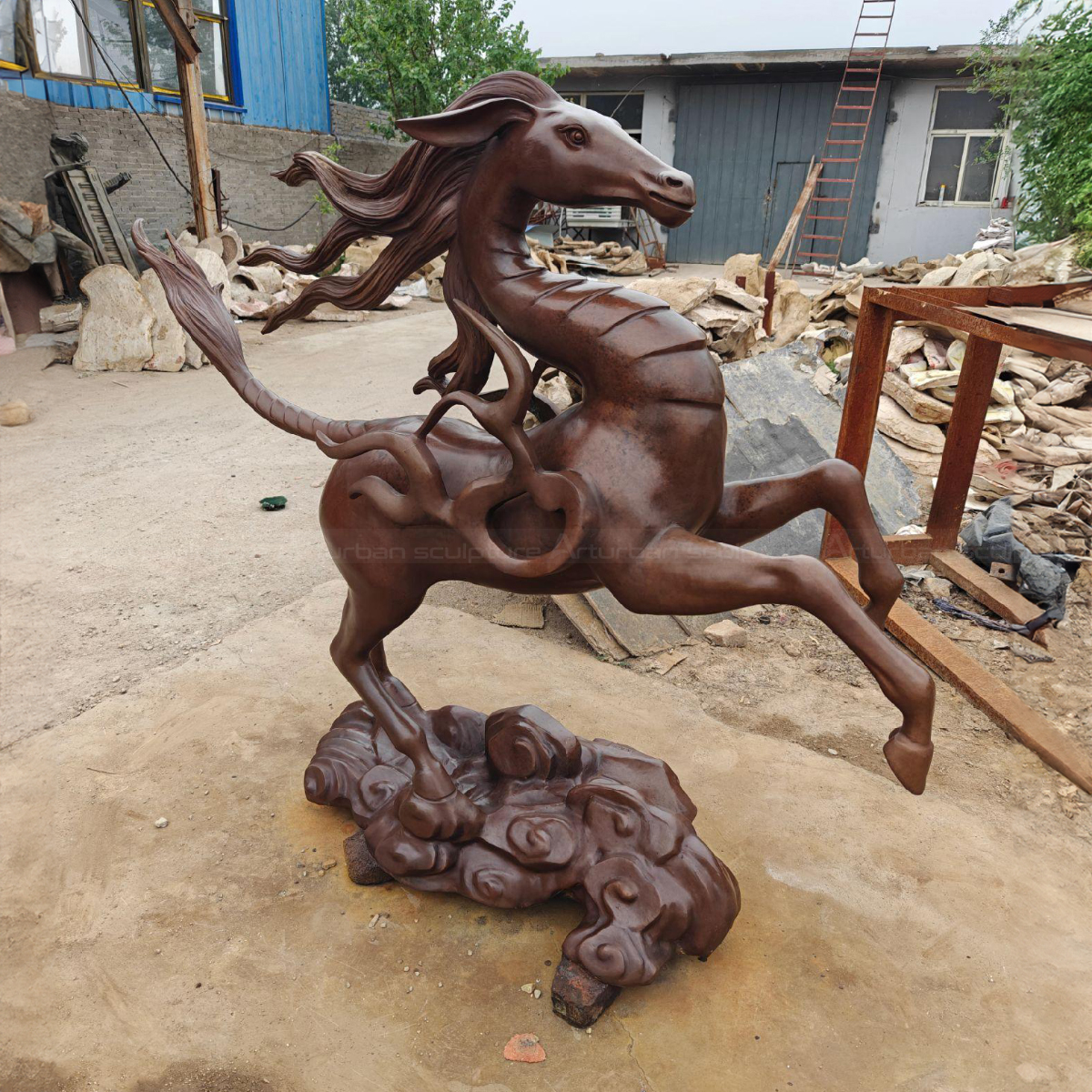 Mythical Creatures Sculptures with a horse body, dragon-like neck and tail, and deer ears