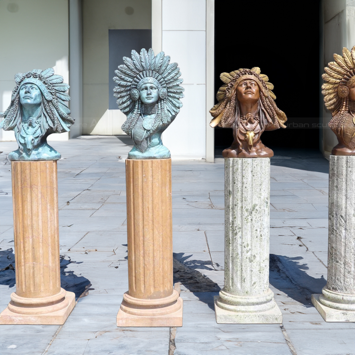 Native American Chief bronze Bust putting on marble column