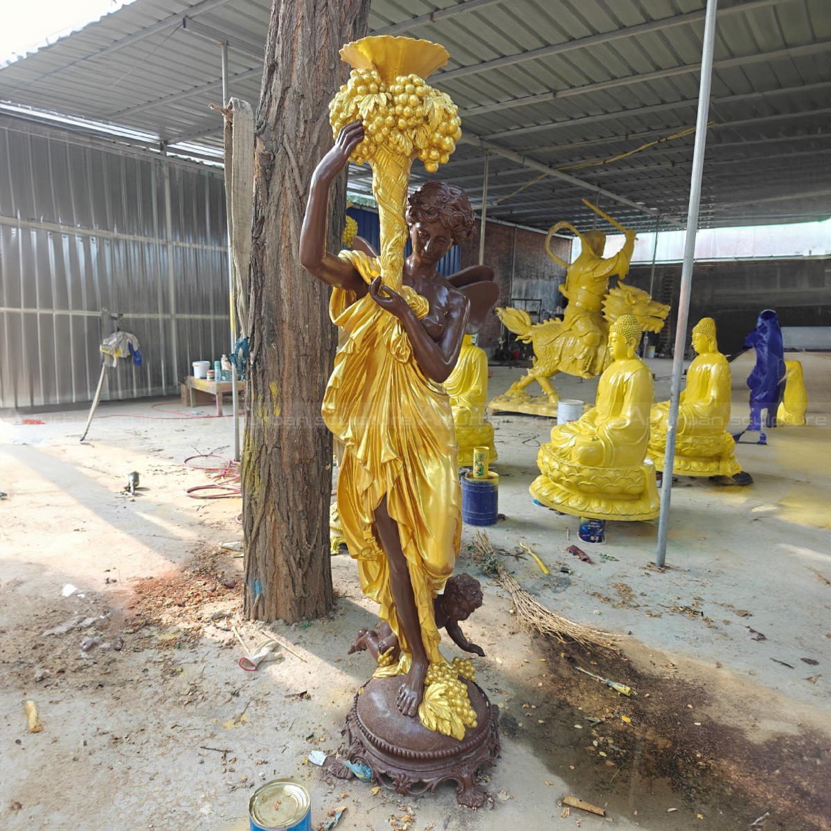 Outdoor Goddess bronze Statue showing Demeter with a fruit-filled vase