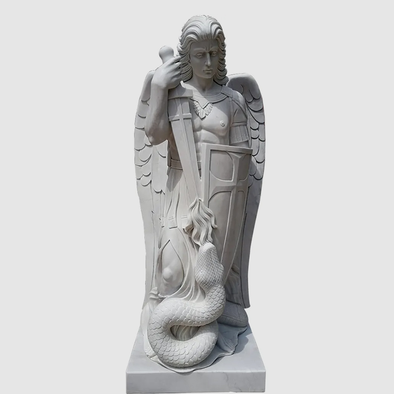 Outdoor Statue of St Michael holding sword and shield