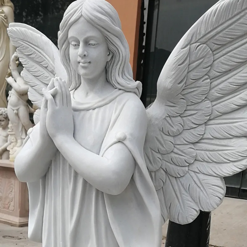 Praying Angel white marble Sculpture close-up view