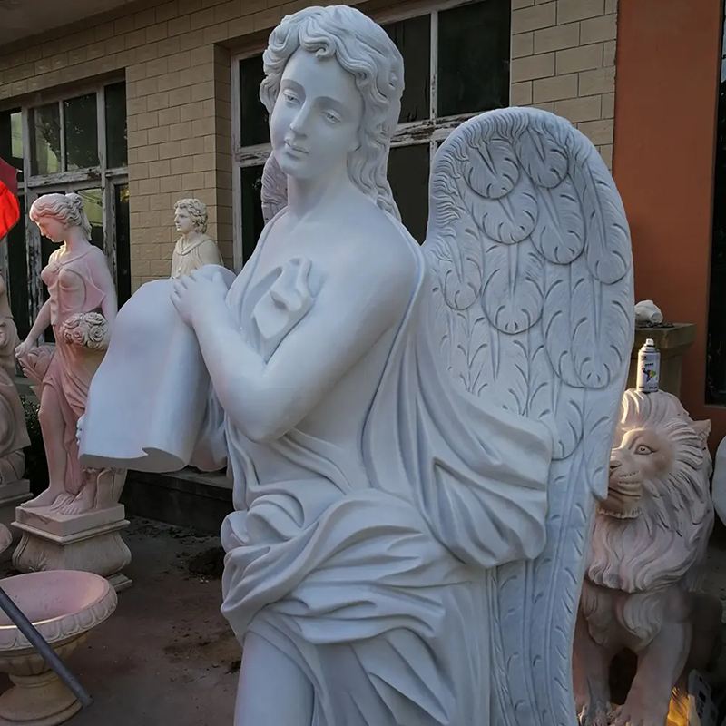 Side view of Memorial Angel white marble statue for Garden
