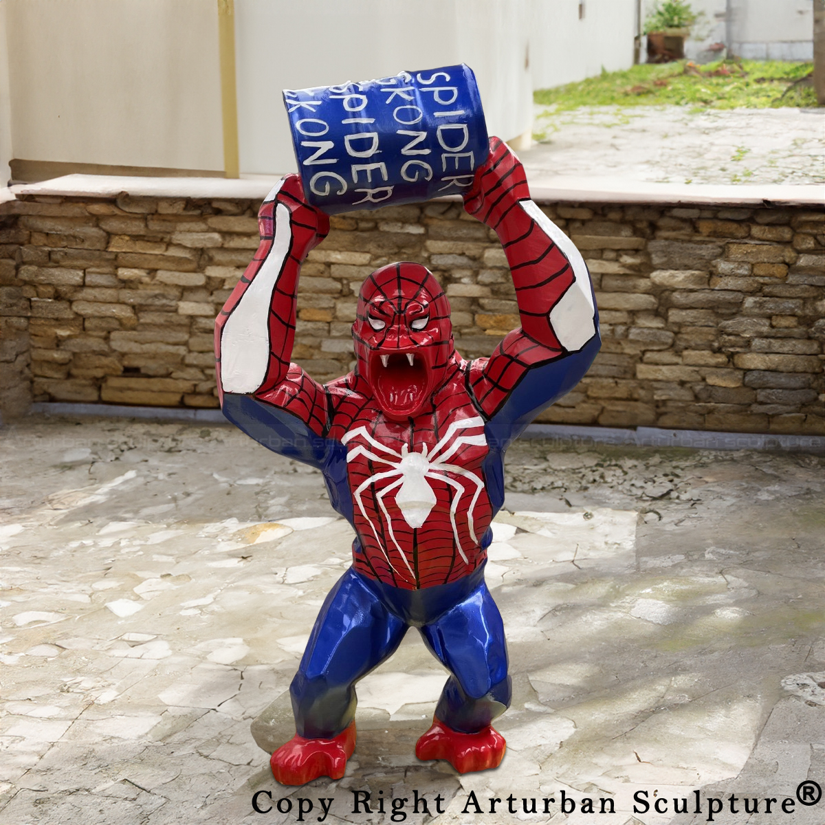 Spider Man king Kong Statue with a barrel raised