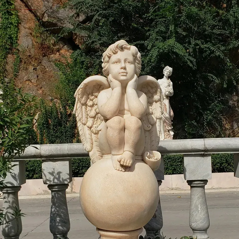 Stone Cherub Statue with both hands supporting his cheeks