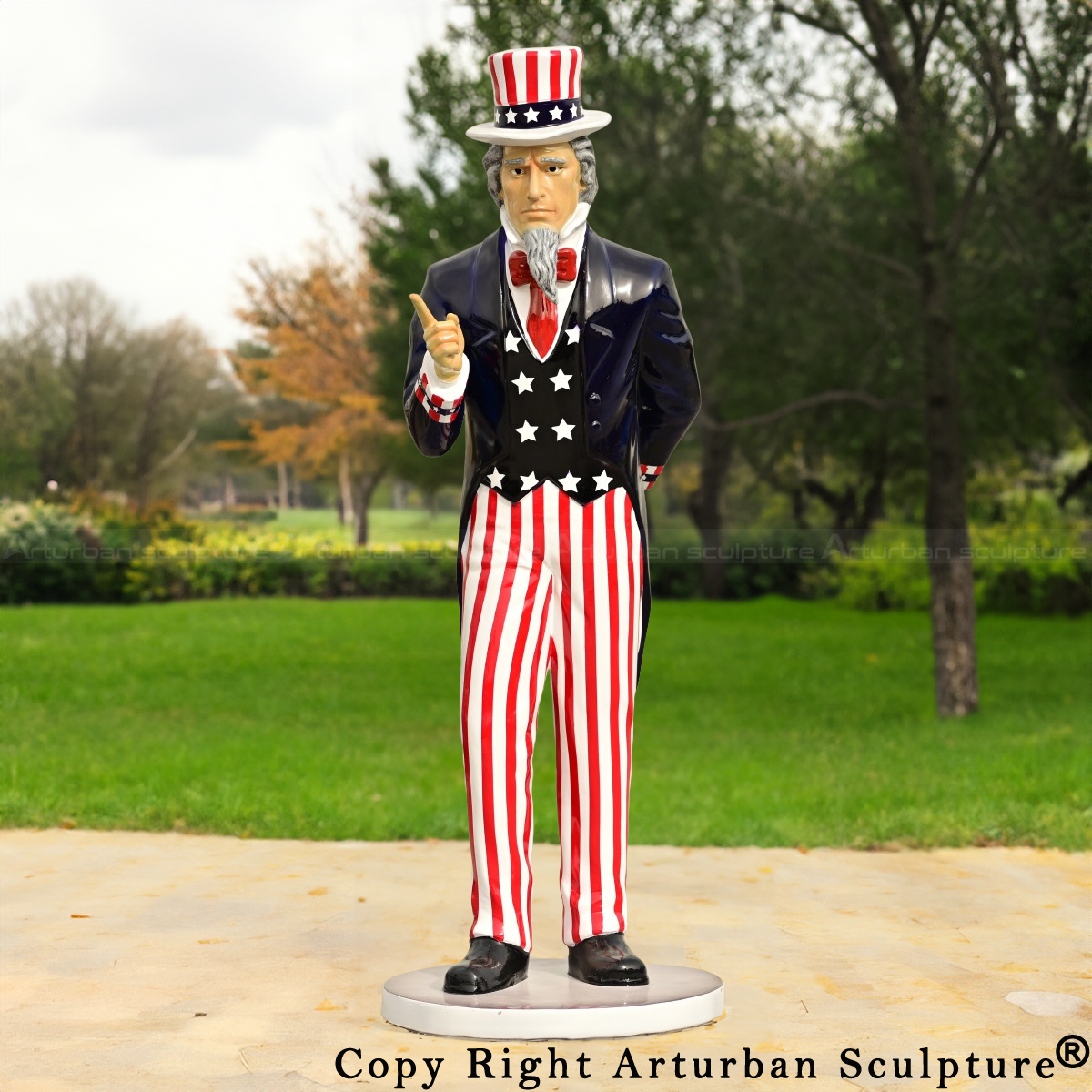 Uncle Sam fiberglass Sculpture wearing outfit full of American flag element