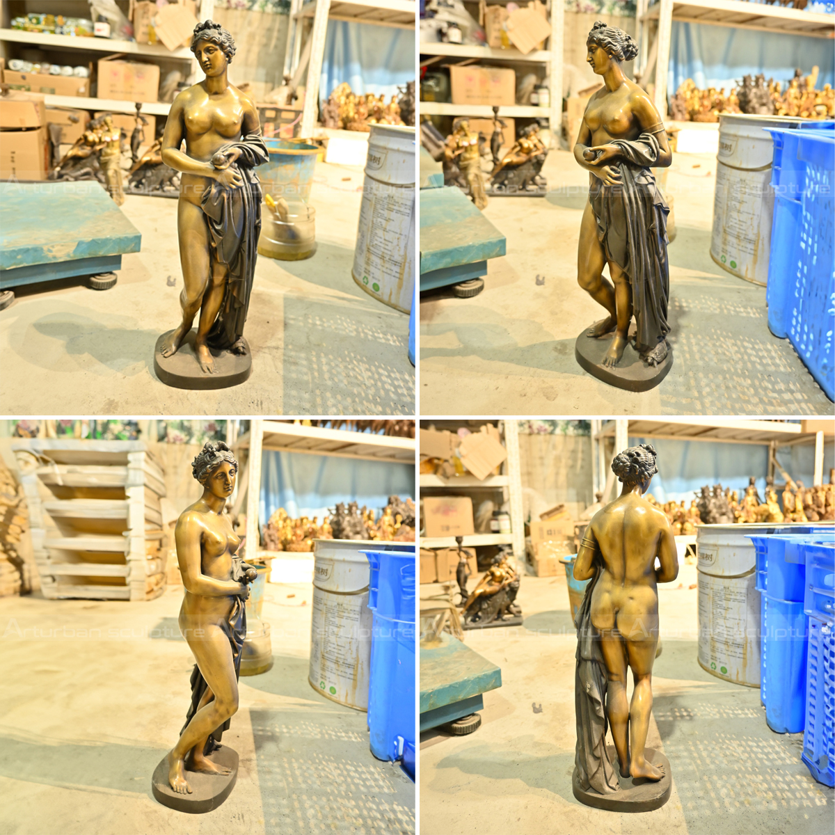 a collage of four different view of bronze venus bathing statue