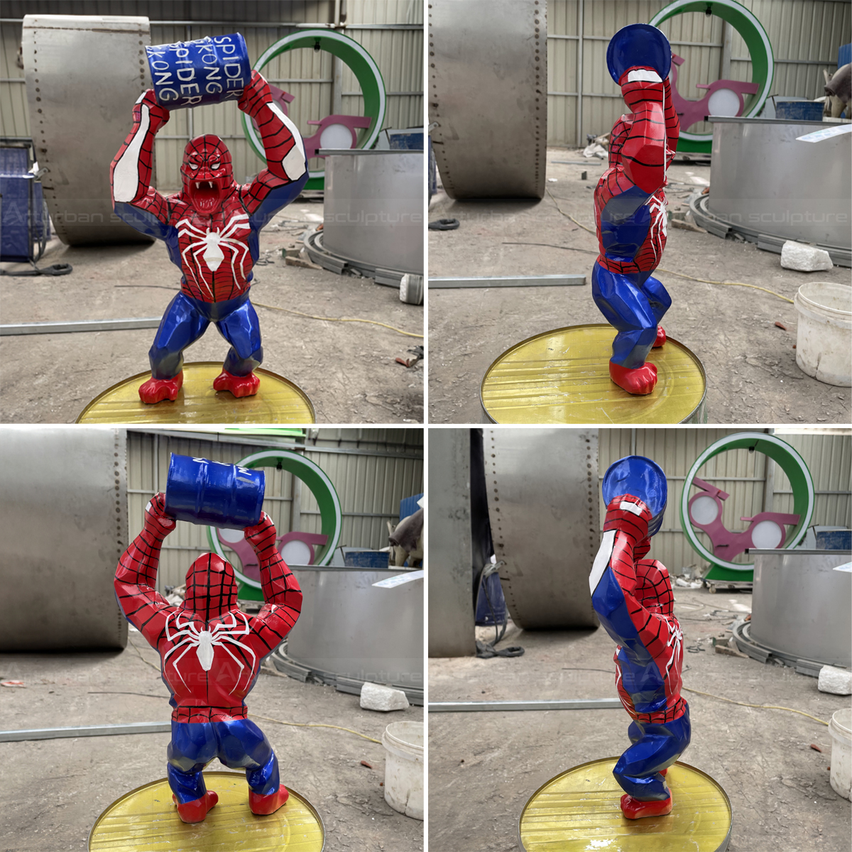 a collage showing four different angles of spider man king kong statue