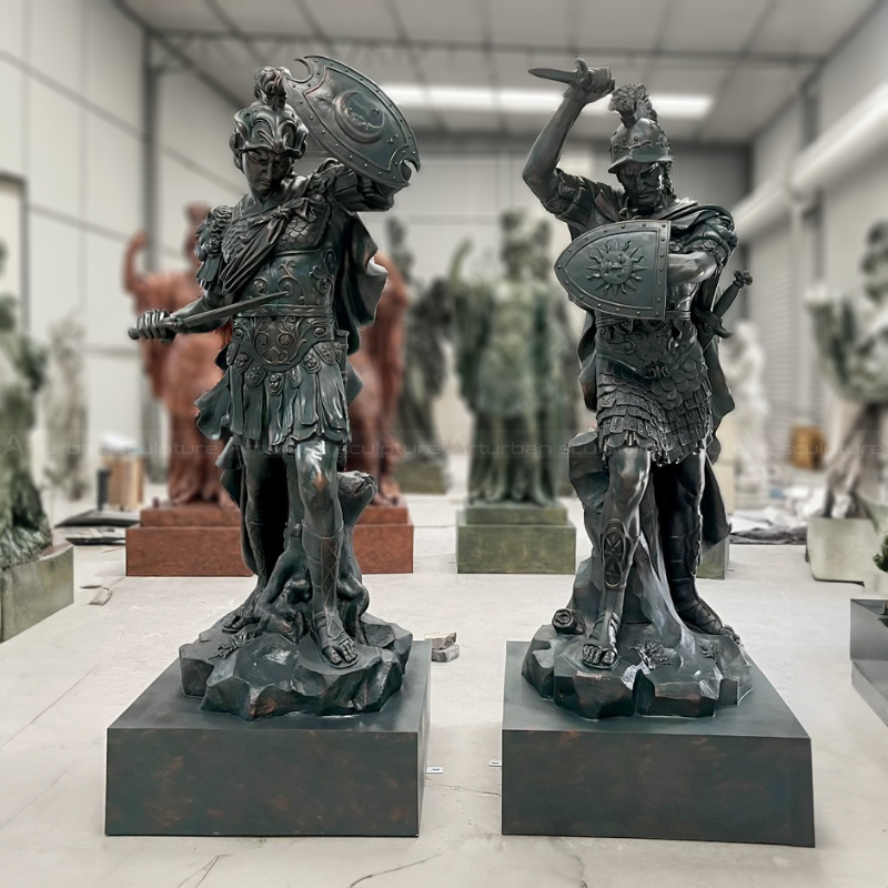 a pair of Roman Soldier bronze Sculpture wearing classic armor