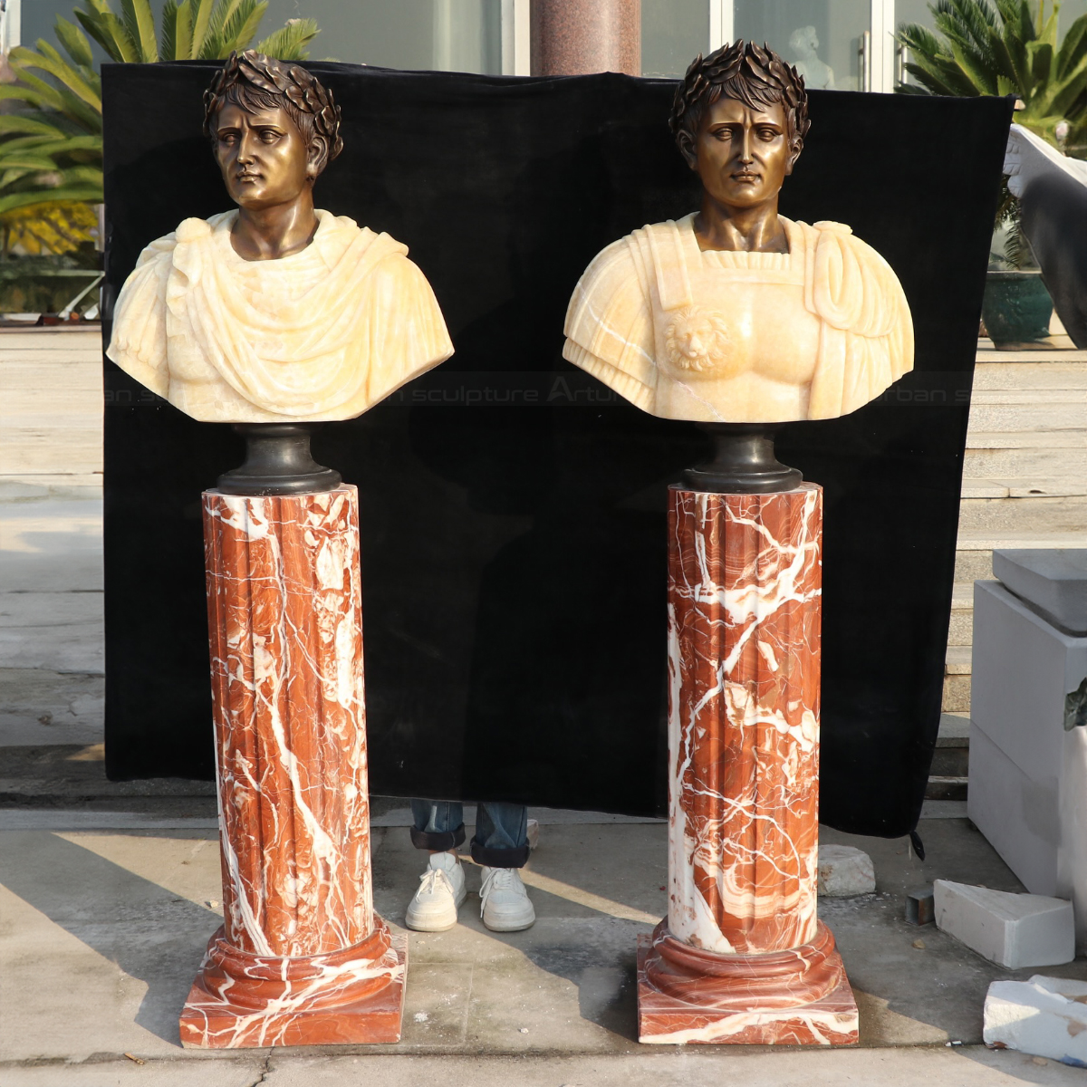 a pair of marble and bronze Roman Statue of Augustus head on red and white marble column