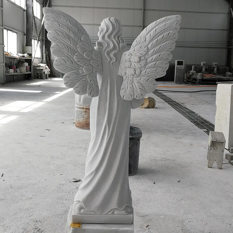 back view of Praying Angel Sculpture showing detailed feathered wings