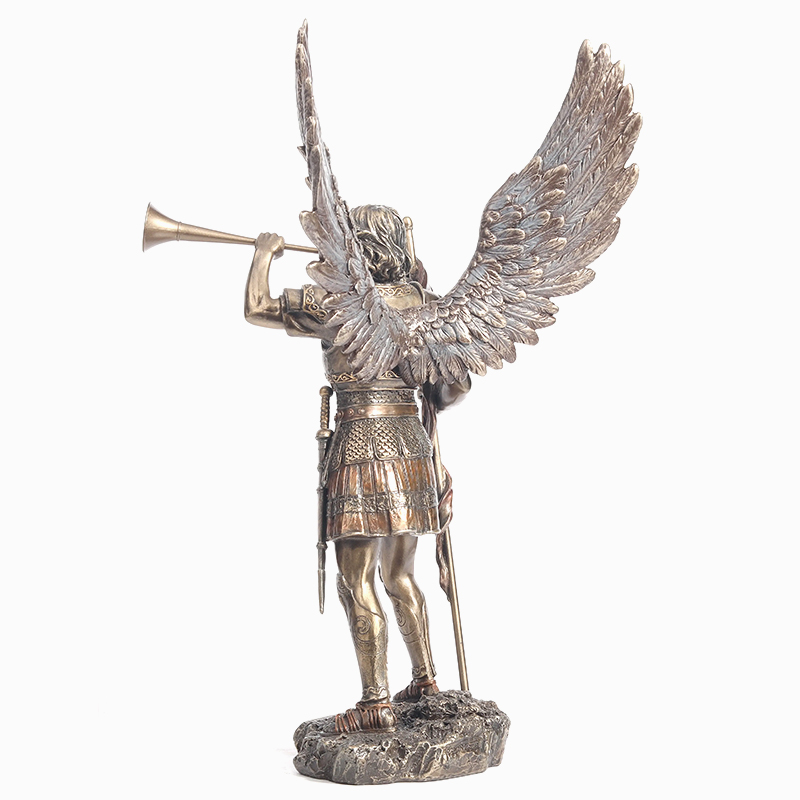 back view of bronze Archangel Gabriel Sculpture with detailed wing feathers