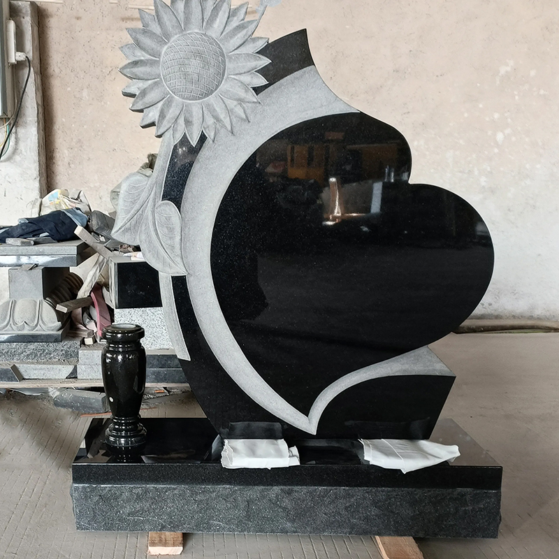 black granite Granite Heart Headstone with sunflower