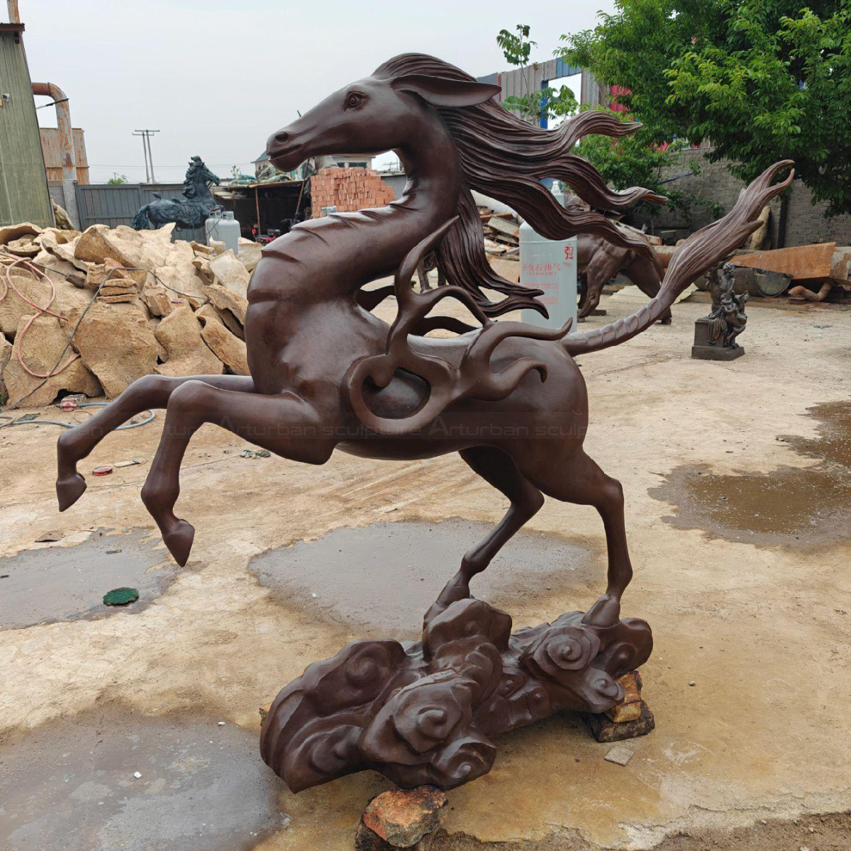 bronze Mythical Creatures Sculptures with horse body, dragon neck, and fiery elements