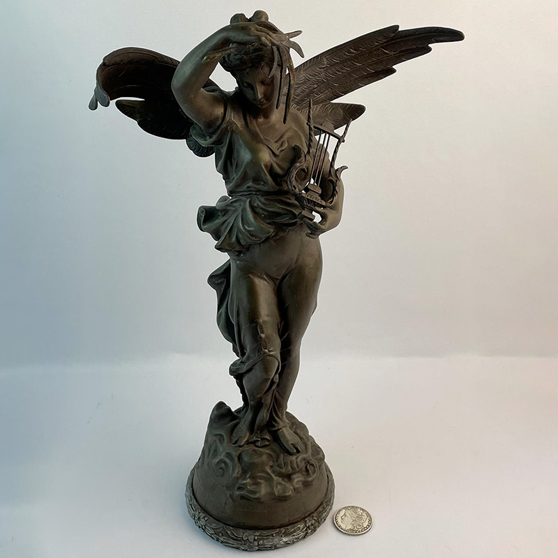 bronze standing Musical Angel with lyre and flower Statue