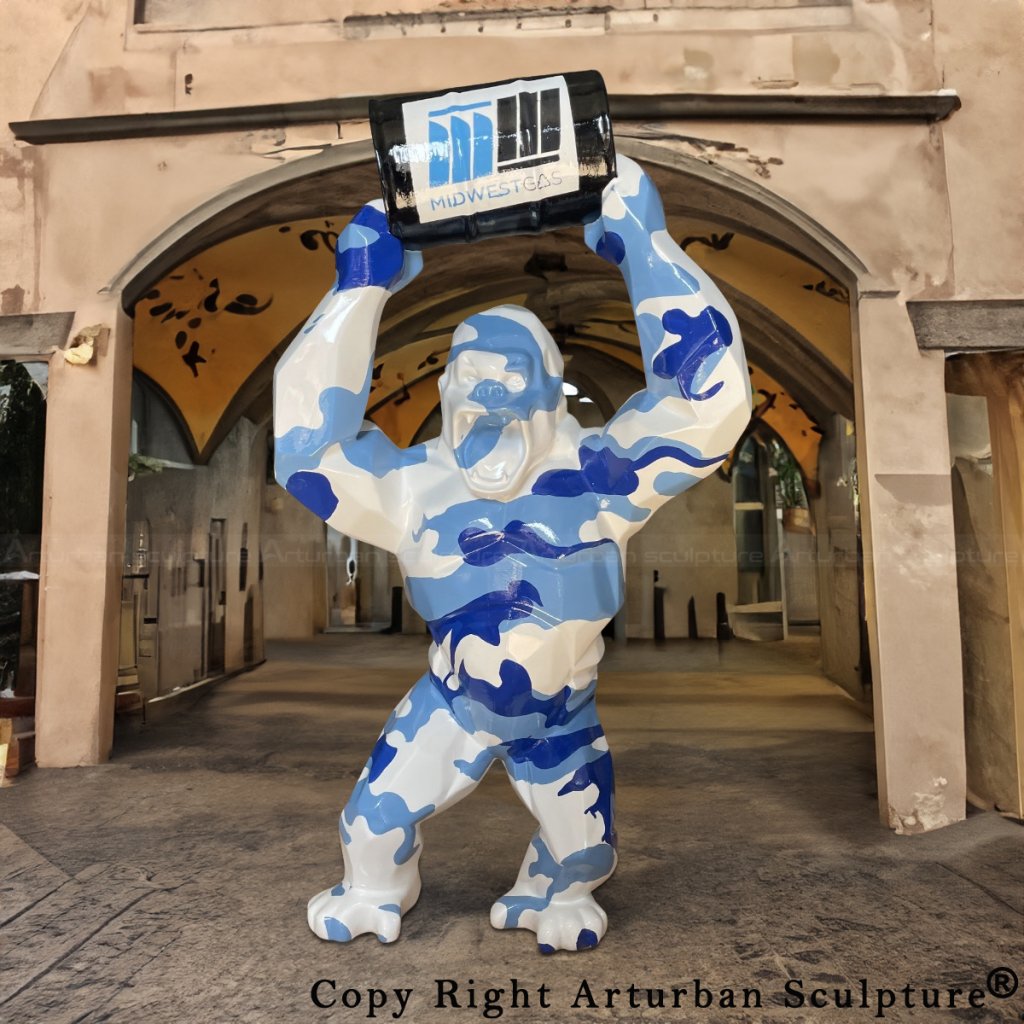 camo-colored camouflage Painted Gorilla king kong Statue holding a barrel