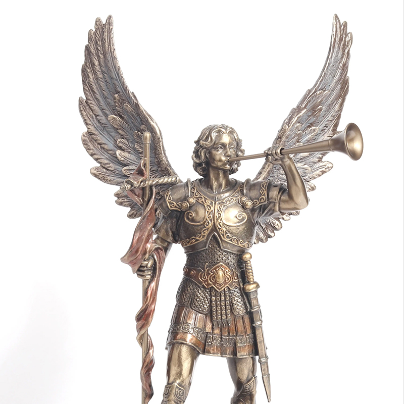 close up of Archangel Gabriel bronze Sculpture highlighting the blowing posture