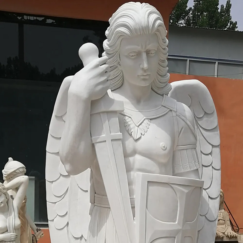 close up view of Outdoor marble Statue of St Michael