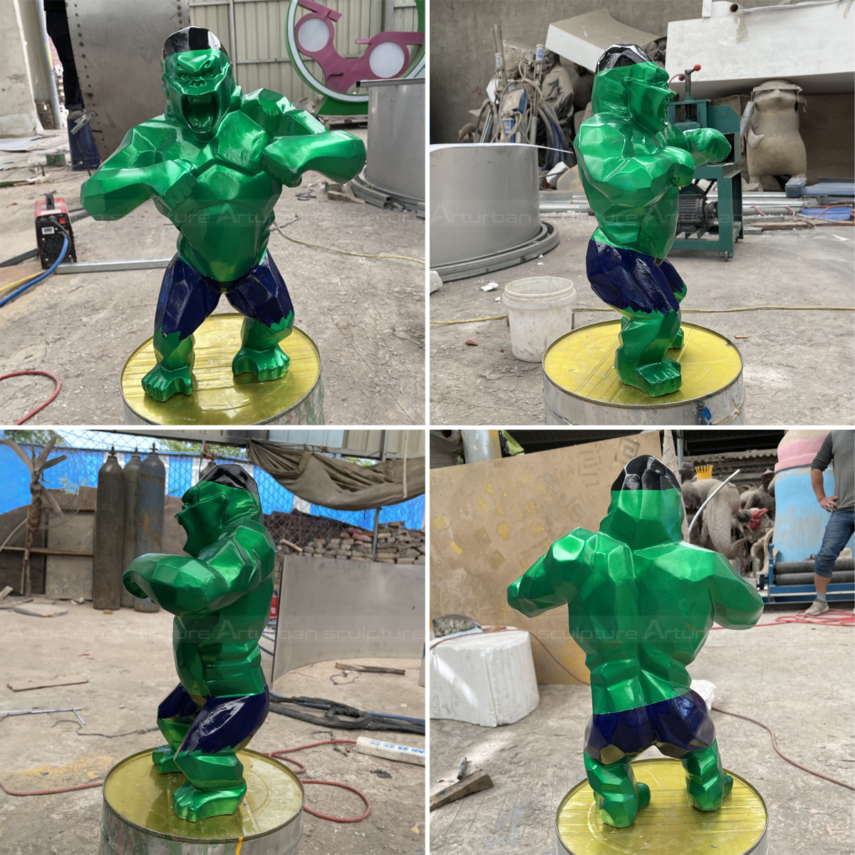 collage of four different angles of green Hulk Kong Statue